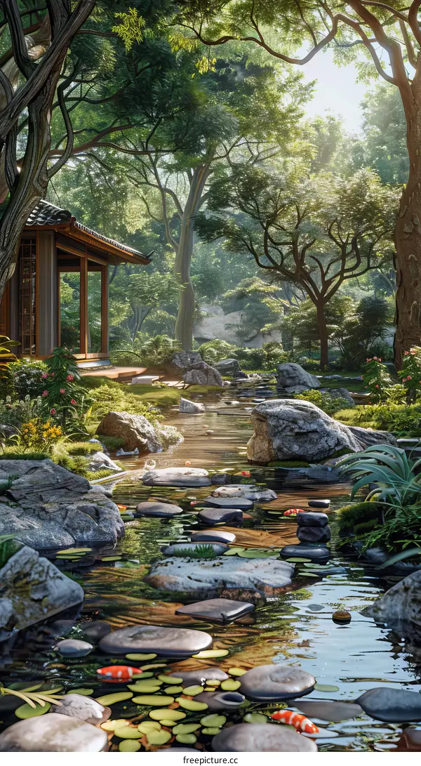 Tranquil Japanese Garden Scene with Stream and Pavilion