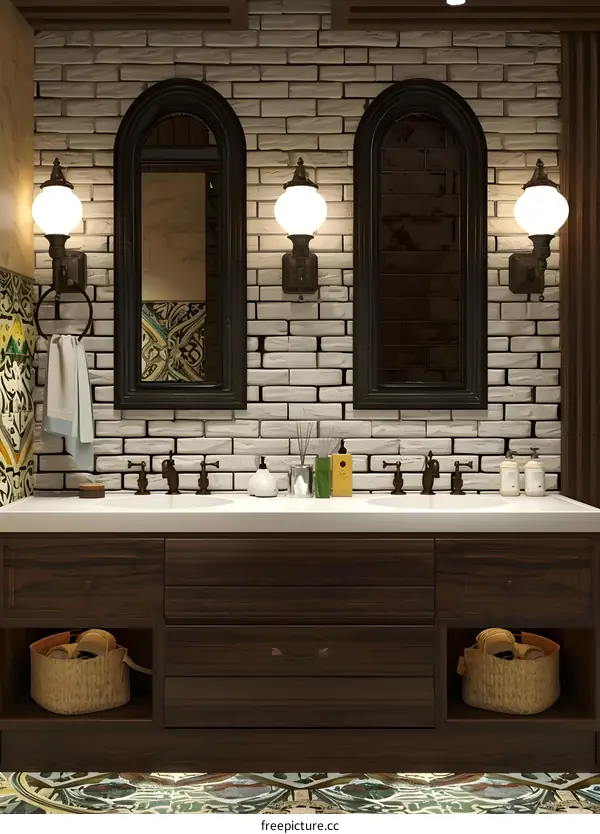 Modern Bathroom Design With White Brick Wall and Wooden Vanity