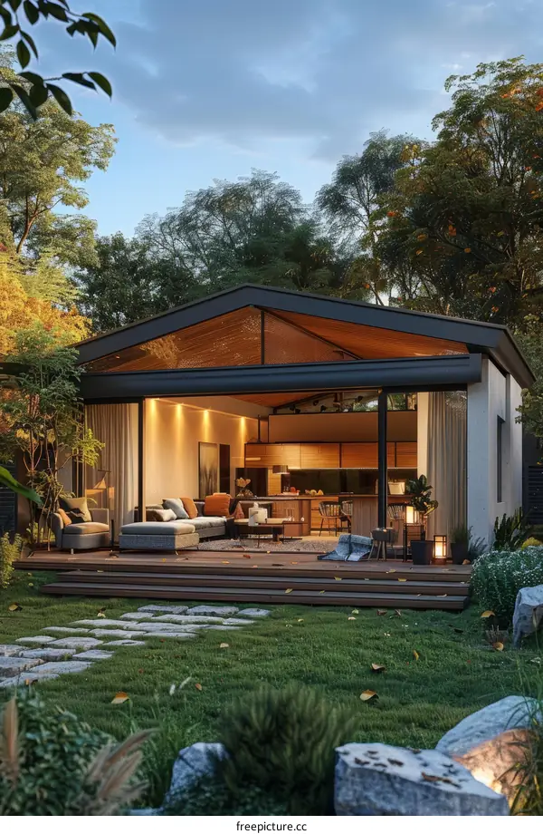 A modern house with a large glass window looking out onto a garden