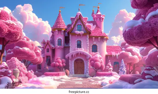 Pink fantasy castle in a winter wonderland