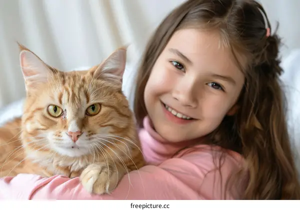 A girl is hugging an orange cat
