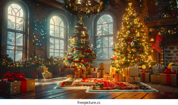 Beautifully decorated Christmas tree by the fireplace