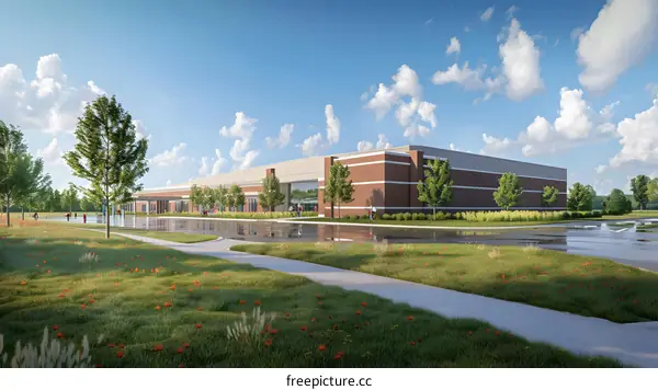 An illustration of a large modern office building with a lot of windows