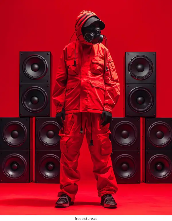 A person wearing a gas mask and red suit stands in front of a stack of speakers