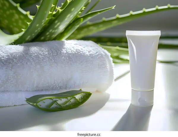 Aloe Vera Plant with White Towel and Lotion Tube