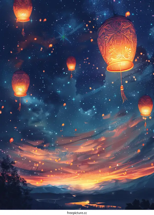 Illuminated Sky Lanterns Soaring Through the Night