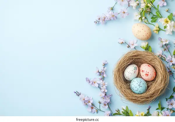 Pastel Easter Eggs in a Nest with Flowers