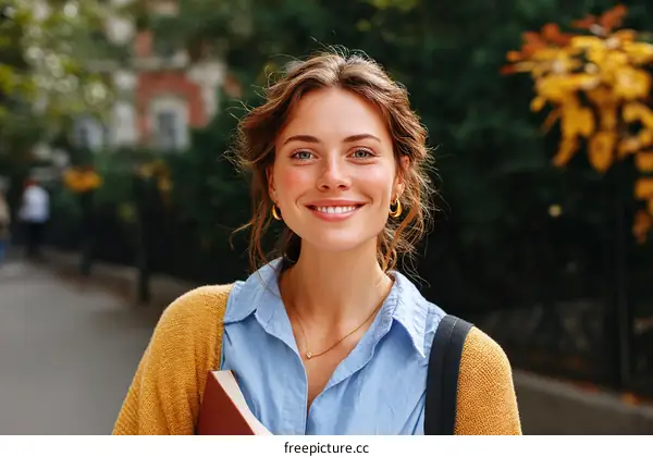 Smiling woman outdoors with a book