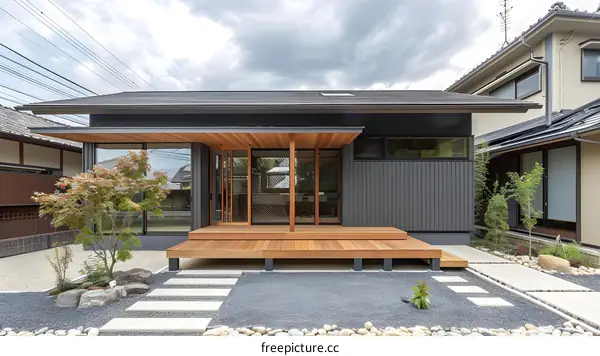 Modern Japanese House with Wooden Deck and Stone Garden