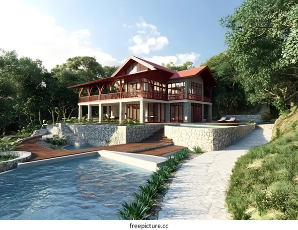 Modern Luxury Villa with Swimming Pool and Lush Greenery