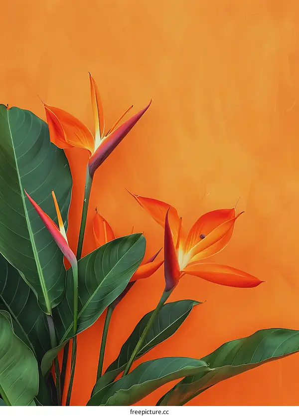 Orange Background With Tropical Leaves And Flowers