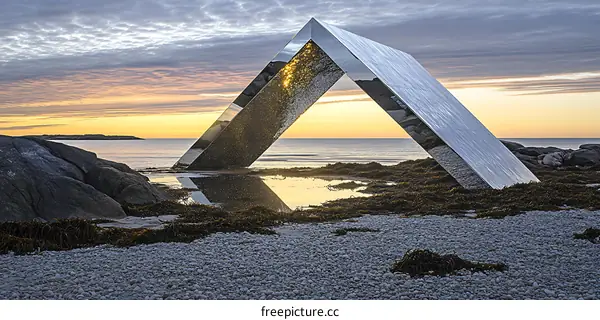 Metallic Sculpture Reflecting Sunset on the Coast