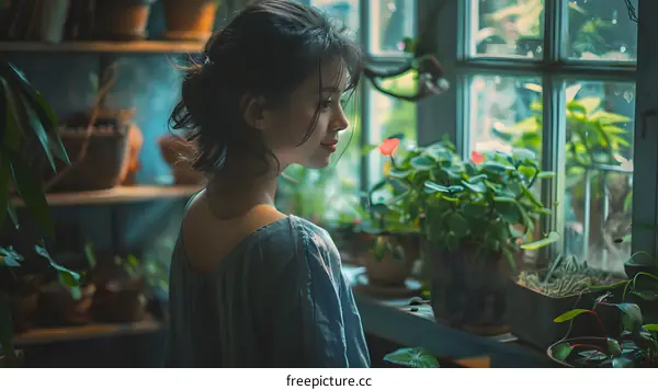 A thoughtful young woman looking at the green plants by the window