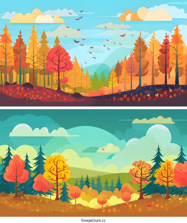 Autumn Forest Landscape with Colorful Trees and Bats