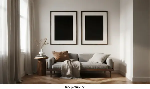 Modern Living Room with Neutral Colors and Framed Artwork