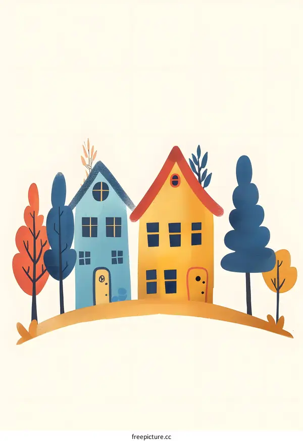 Colorful Illustration of Houses with Trees in a Row