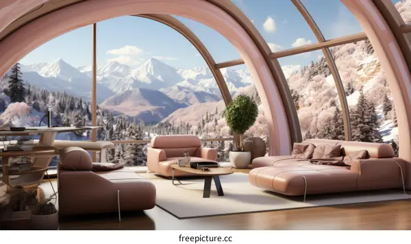 Modern living room with large windows and inviting mountain views