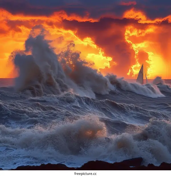A sailboat is being battered by a huge wave during a storm