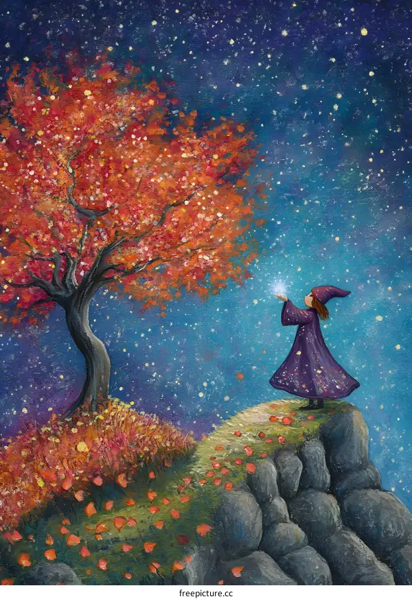 Magical Girl Under a Starry Sky With a Red Tree
