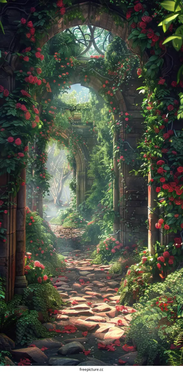Enchanted Garden Path with Stone Archway and Crimson Roses