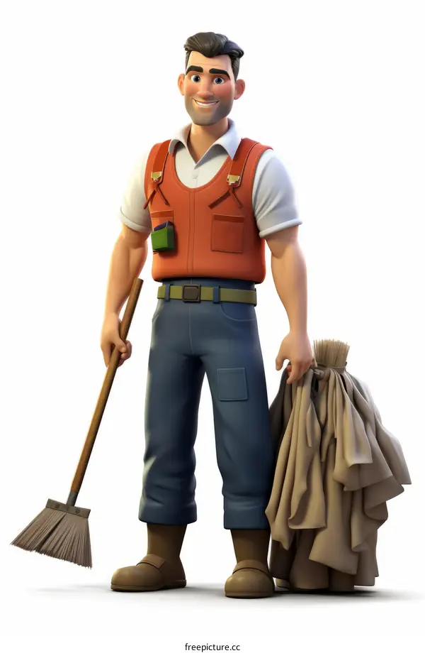 Smiling Cartoon Man Holding Broom and Garbage Bag