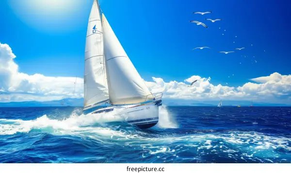 A sailboat is sailing on the rough sea with seagulls flying above it