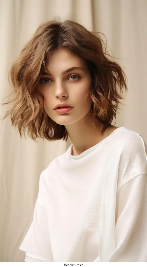 Portrait of a young woman with short brown hair and light makeup wearing a white shirt