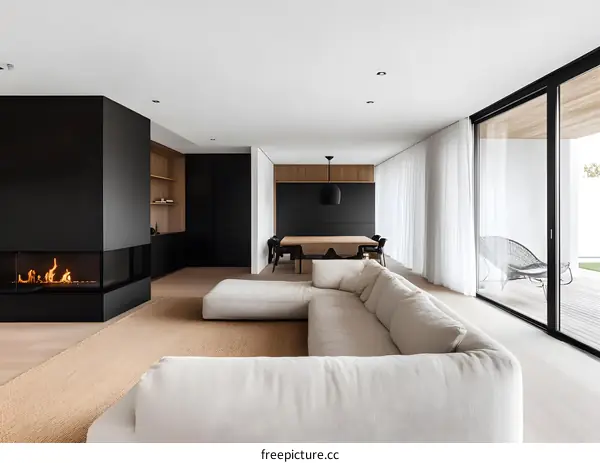 Modern Minimalist Living Room Design with Fireplace and Large Windows