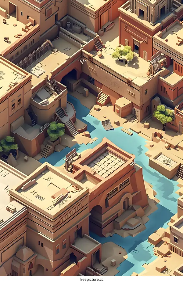 Isometric Illustration Of A Desert City With Buildings And A River