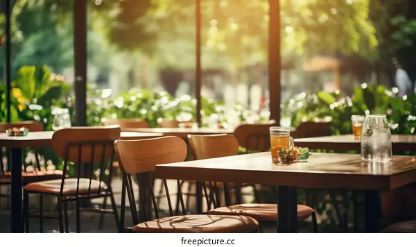 Empty Restaurant with Sunlight Streaming Through Window