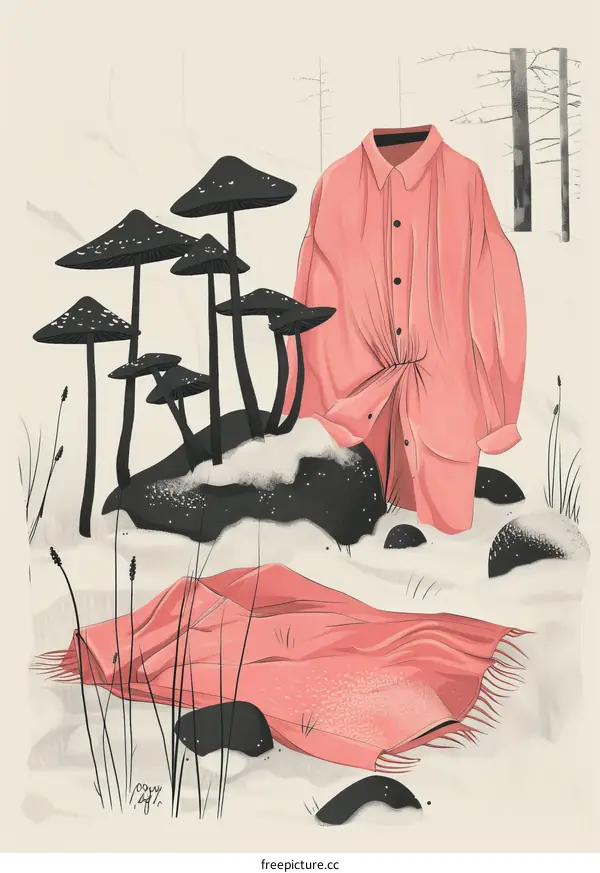 Black mushrooms and a pink dress in the snow