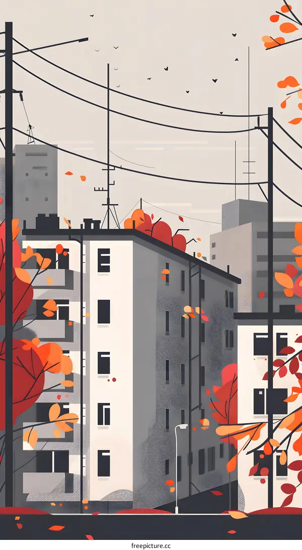 Autumn Cityscape Illustration with Red and Orange Leaves