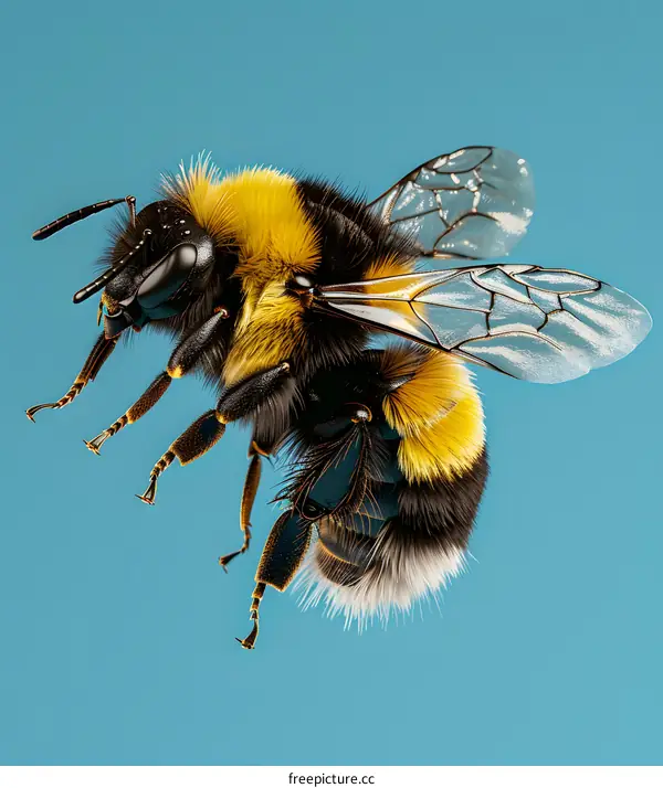 Bumblebee in flight on blue background
