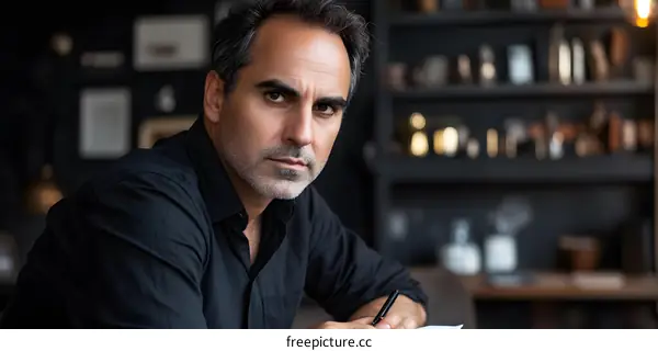 Portrait of a Man in a Black Shirt Writing in a Notebook