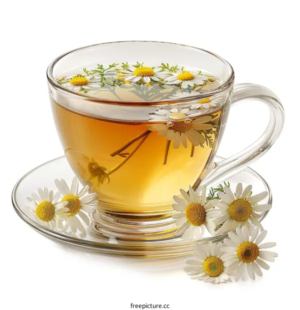 Chamomile tea in a glass cup on a white background