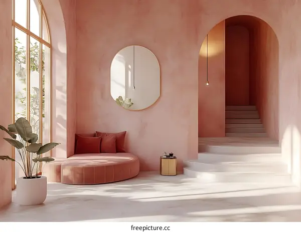 Pink And White Modern Interior Design With Round Sofa And Staircase