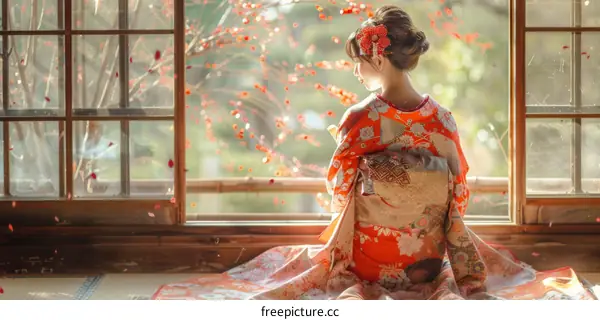 A woman in a kimono is sitting on the floor in a traditional Japanese house.