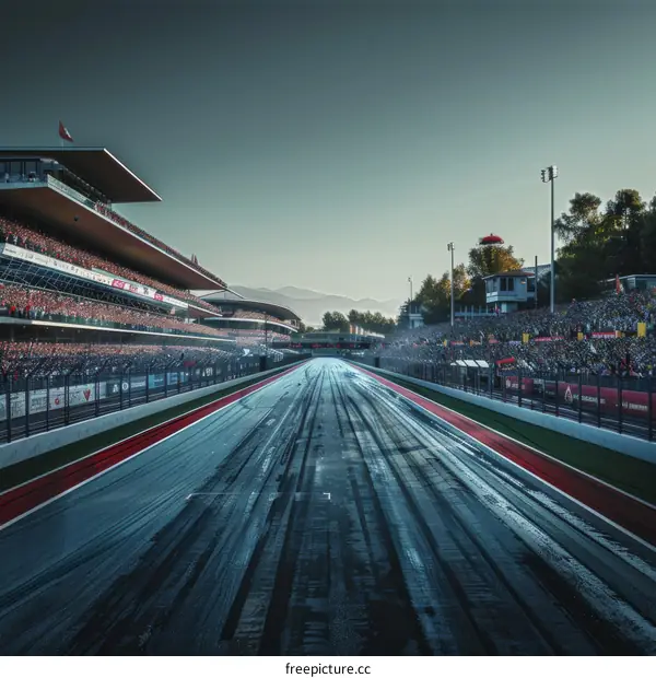 A lone cyclist rides on a Formula One race track