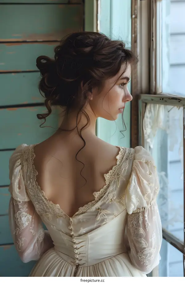 Woman in Vintage Dress Looking Out Window