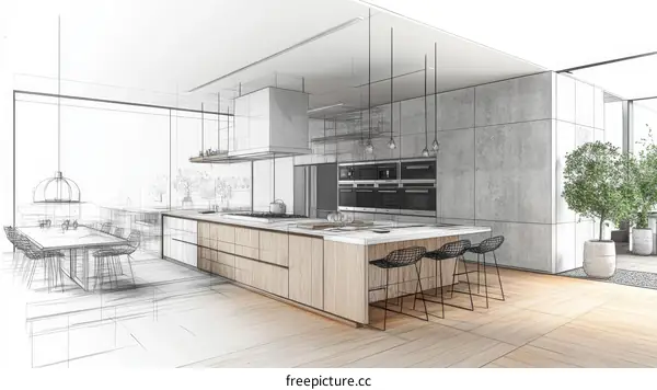Modern Kitchen Design Sketch with a Dining Area