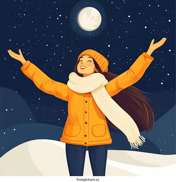 Happy Woman with Open Arms Under the Night Sky