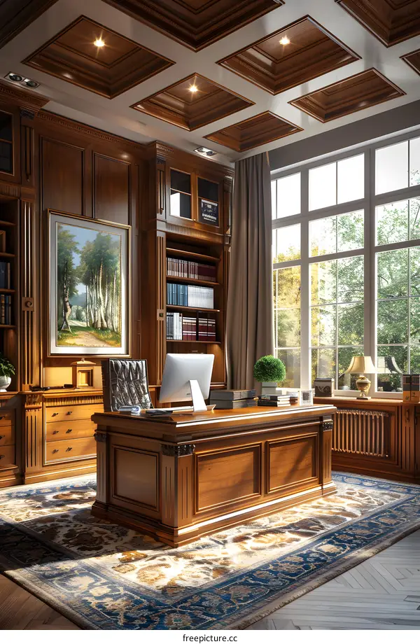 Luxury wooden home office with large windows