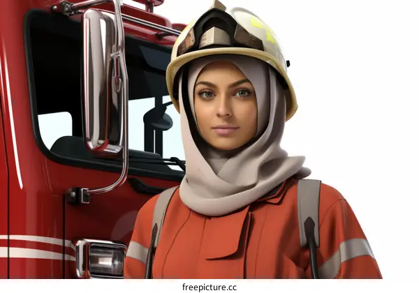 A Portrait of a Female Firefighter Adorned with a Hijab