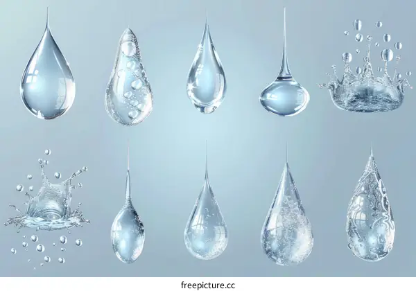 3D rendering of water drops in various shapes and sizes