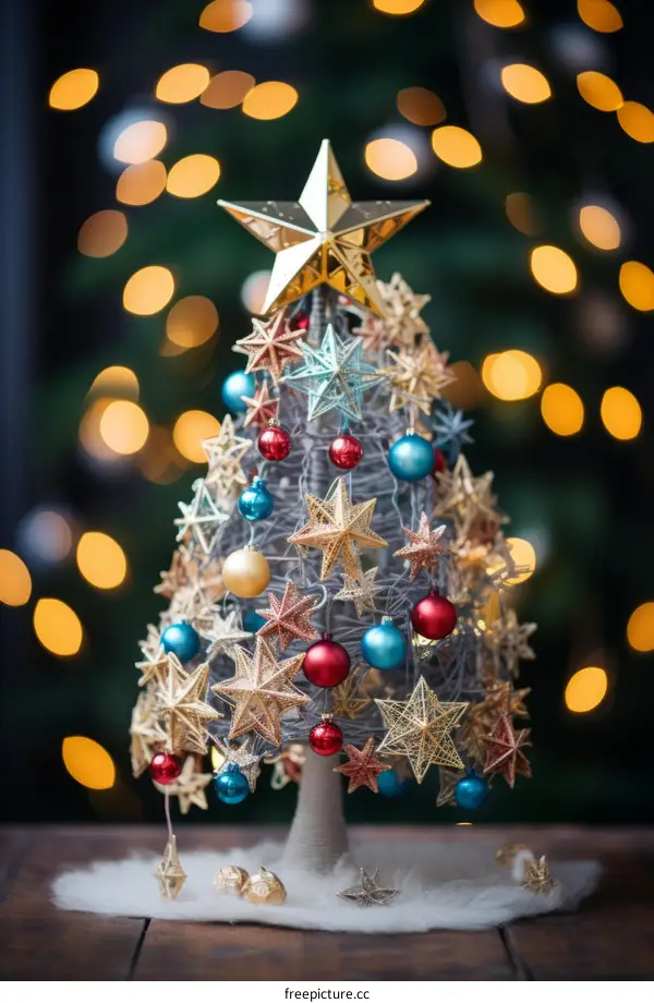 A Small Artificial Christmas Tree with Red, Blue, and Gold Ornaments