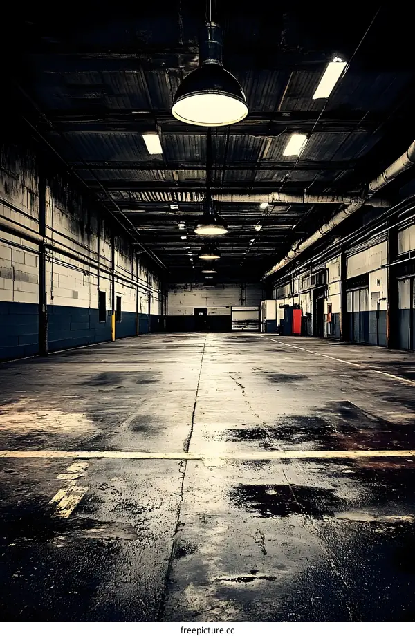 Empty Industrial Warehouse With Concrete Floor and Lights