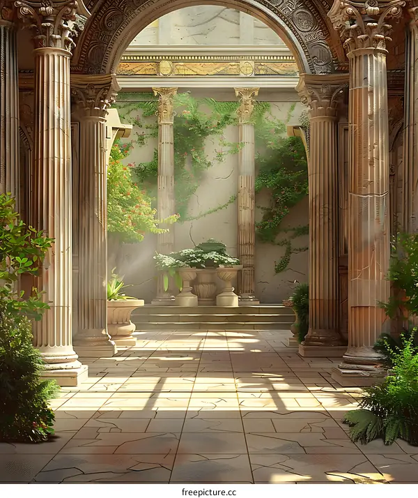 Ancient Roman Courtyard With Pillars and Greenery