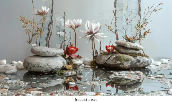Still Life with Flowers and Rocks on a Mirrored Surface