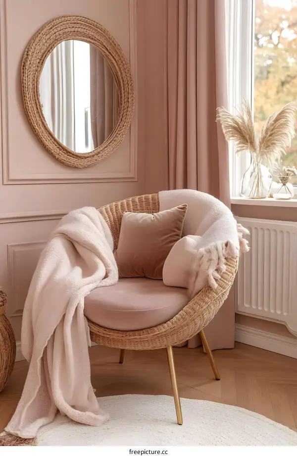 Wicker Chair With Pink Cushions and Blanket in Cozy Living Room