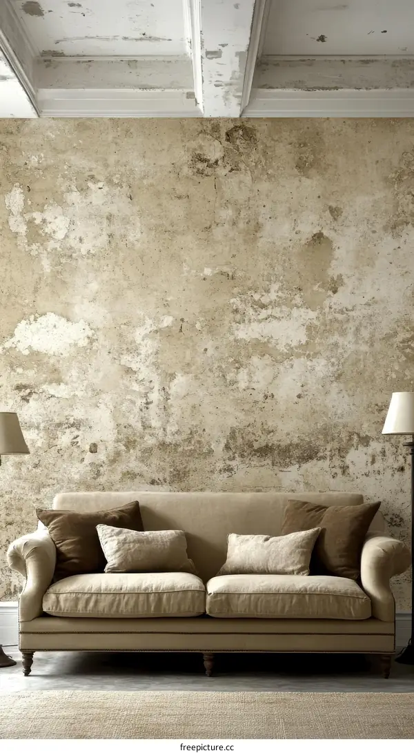 Rustic Beige Sofa Against a Distressed Wall